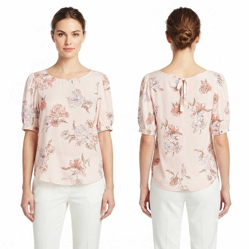 Angels Forever Young Pink Floral Puff Sleeve Blouse Back Tie Top Womens Medium